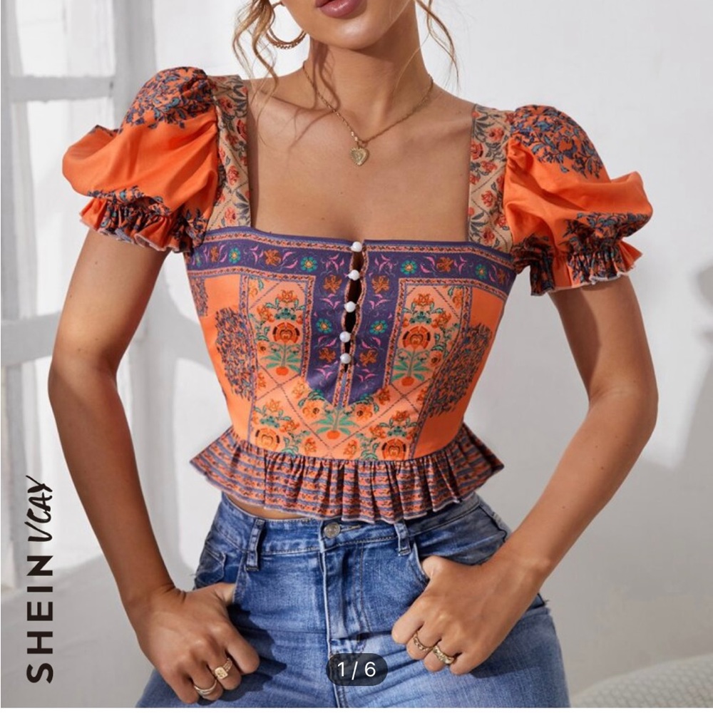 SHEIN VCAY Floral Print Puff Sleeve Button Front Ruffle Hem Blouse - XS